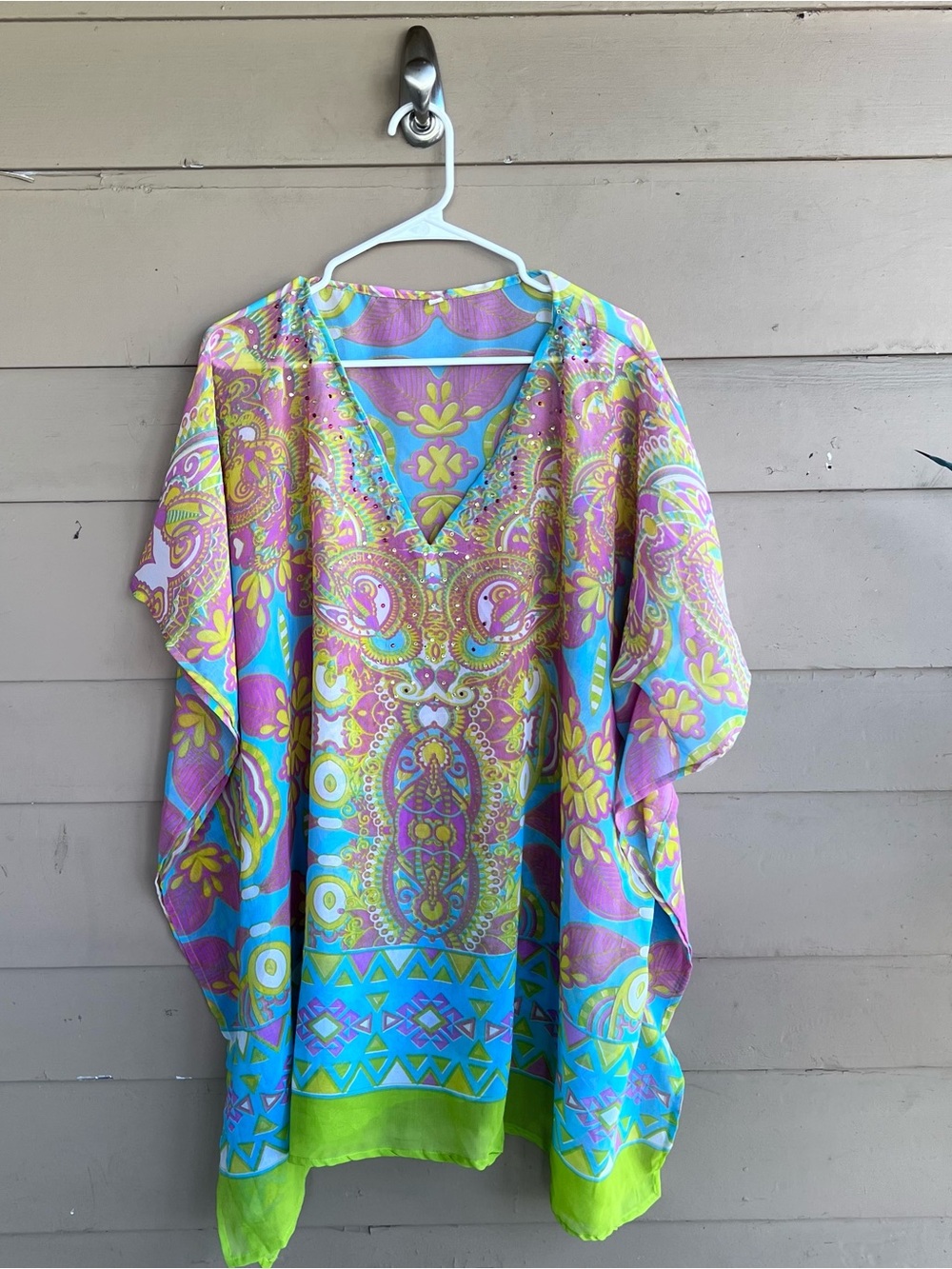Colorful Paisley Beach Coverup Kaftan Sequin V-Neck Blue Pink OS